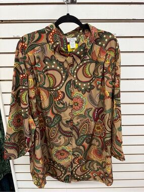 Only Necessities 3X Paisley Button Front Boho Blouse Plus Size Vintage Look